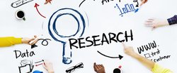 Academics point to the words 'research' and 'data' on a virtual poster